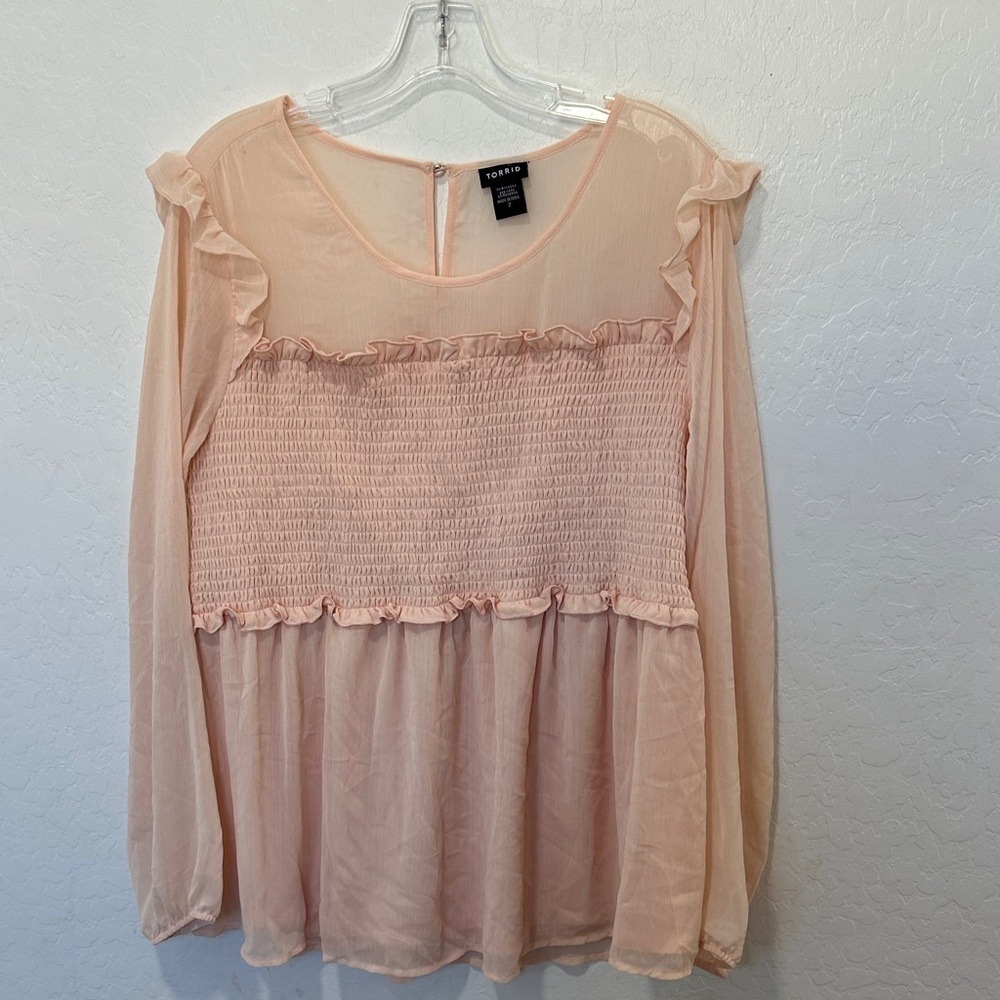 Fairy cottage blush long sleeve chiffon smocked Plus 2X pink blouse sheer womens